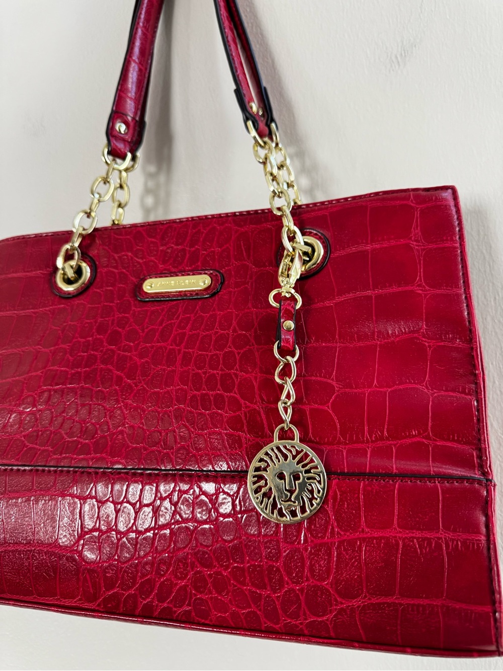 red crocodile-embossed Anne Klein Coast Is Clear shoulder tote bag gold chain